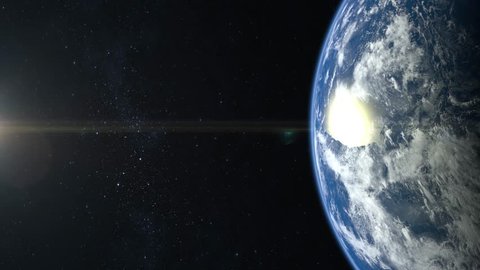 Earth from space. Stars twinkle. 4K. Sunrise. The earth slowly rotates. Realistic atmosphere. 3D Volumetric clouds. Earth right on the screen. No sun in the frame