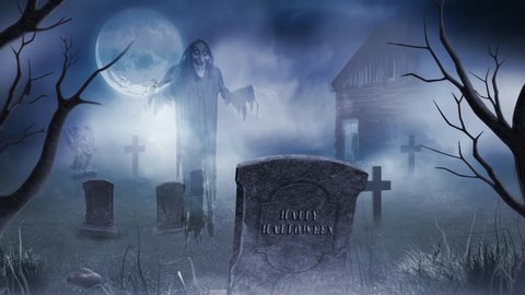 Ghostly Graveyard Happy Halloween in the Moonlight 4K features a ghost floating in a cemetery with fog and clouds and full moon with Happy Halloween on a tombstone.