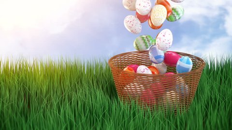 Falling Easter eggs in a wicker basket on the on lawn grass over green