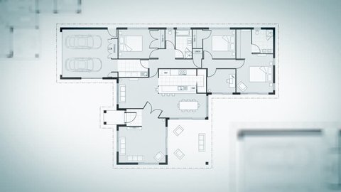 Loopable house plans animation. The camera moves and rotates around showing each room within the plans.