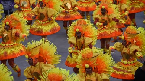RIO DE JANEIRO, BRAZIl - MARCH 05, 2019: Participants in the Carnival from Samba school Mocidade Independente de Padre Miguel present their costumes during the Carnival in Rio de Janeiro (Brazil)