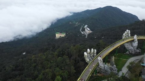 Footage from Drone. Golden Bridge, danang bana hill, Vietnam ; 17 February 2019