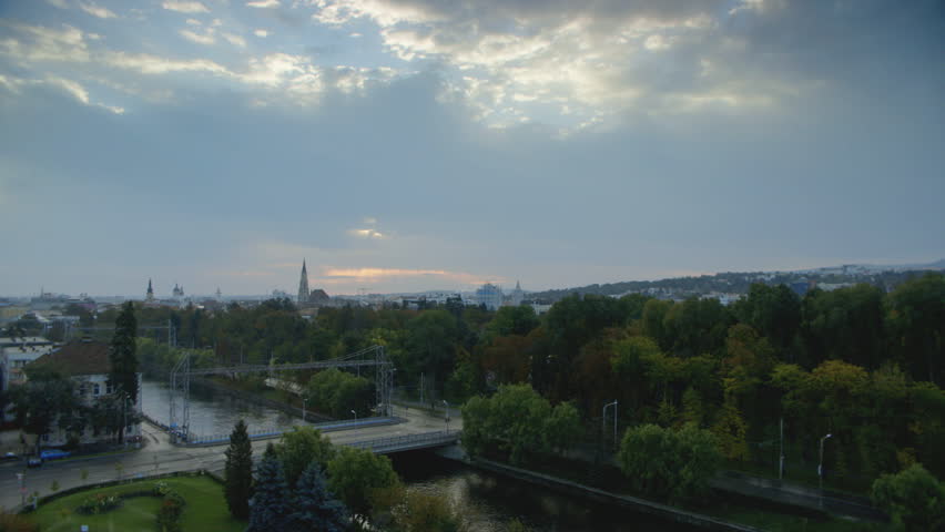 The river through Cluj Napoca, Romania at dusk