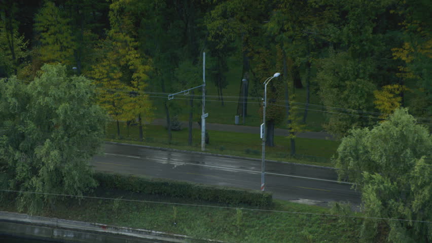 A tram trundles through the frame in Cluj Napoca, Romania