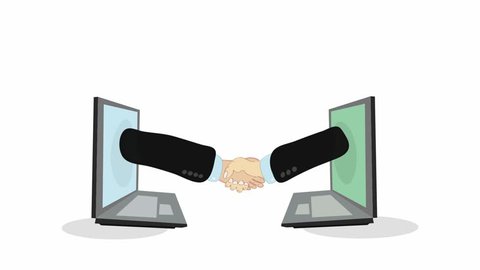 Video footage  hands of two people emerging from laptop screens are connected in a handshake. Successful deal via Internet