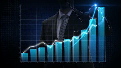 Businessman moves finger up, various animated Stock Market charts and bar graphs. Increase blue line. 4k animation.