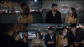 Collage of two friends walking at night outside, talking, having video chat, showing pictures on phone and tablet. Communication, work concept