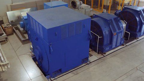 High-voltage electric motor at a manufacturing plant. High power station. High voltage. 4k