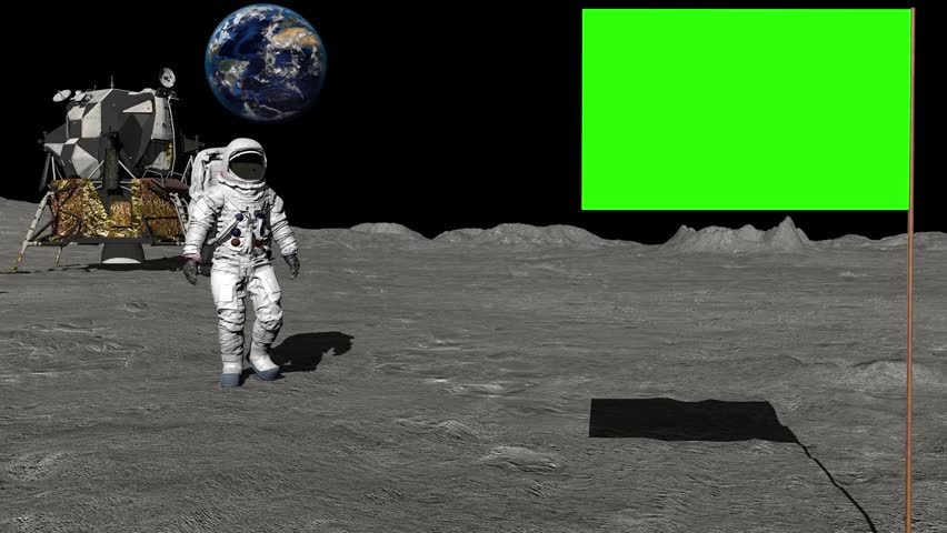 Astronaut walking on the moon and saluting the Green Screen Flag.