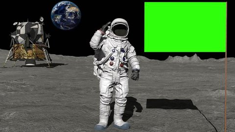 Astronaut walking on the moon and saluting the Green Screen Flag.