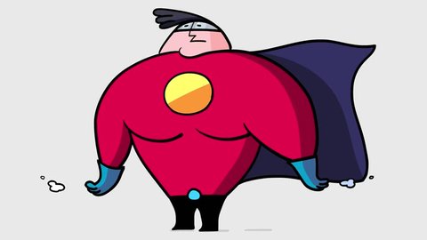 Cartoon businessman transforms to superhero. Office employee becomes a strong character. He feels the power. He is very proud of himself. Everyone can be a hero. He can make money very well.