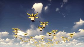 Autonomous delivery of parcels by unmanned drones flying on a Sunny day.