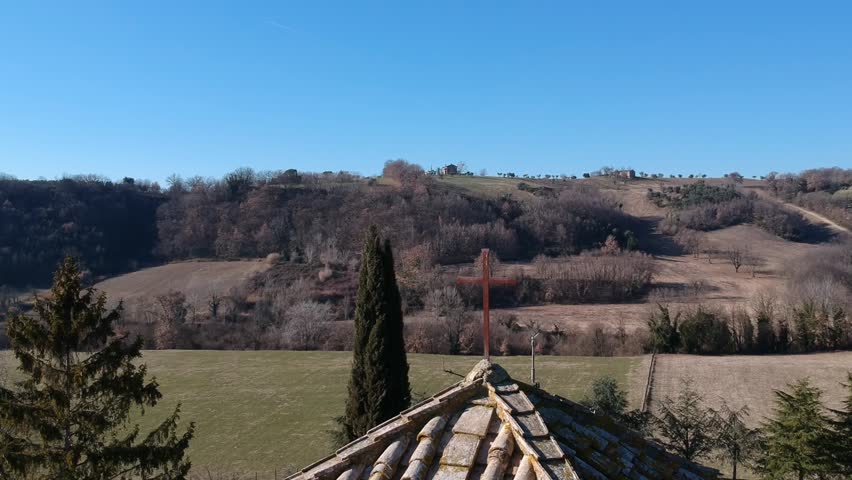 Sanctuary of Vescovio ( Lazio, Italy ). Church and bell tower in Sabina. Aerial view
