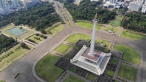 JAKARTA, INDONESIA - MARCH 8, 2019: Aerial view clip of National Monument or also known as Monas, located in Jakarta, the capital city of Indonesia, recorded in 4k resolution.