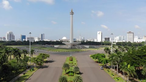 JAKARTA, INDONESIA - MARCH 8, 2019: Aerial view clip of National Monument or also known as Monas, located in Jakarta, the capital city of Indonesia, recorded in 4k resolution.