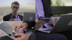 Collage of medium and close up shots of Caucasian young businessman in eyeglasses sitting outside, working on laptop, buying in Internet, paying with credit card. Lifestyle, online shopping concept