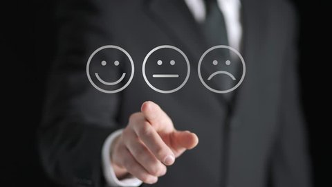 Survey, giving feedback, poll questionnaire and customer experience concept. Business man push digital touch screen to tell positive opinion, rating or review. Abstract smiley face technology.