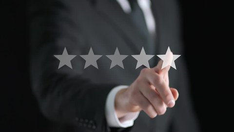 5 star rating or review in survey, poll, questionnaire or customer satisfaction research. Happy business man giving positive feedback with abstract five stars. Service recommendation.