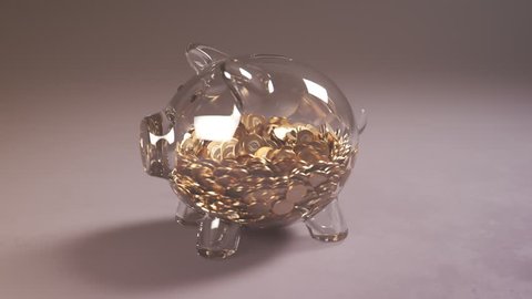 Cute glass piggy bank stuffed with huge amounts of coins. Money fast grows inside. Moneybox is changing into a colorfull present box. Symbol of savings, planning and a dream come true.
