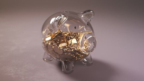 Cute glass piggy bank stuffed with huge amounts of coins. Money fast grows inside the pig - a symbol of wealth, frugality and efficient invest planning. Perfect for business related purposes.

