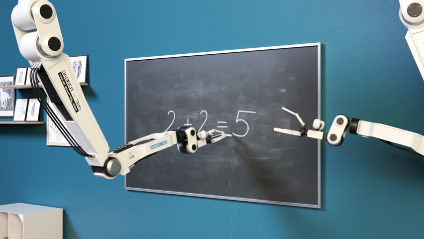 Sci-fi concept of the advanced futuristic robot writing math equation on the chalkboard in the classroom. Artificial intelligence in action. Not so smart bionic machine is learning how to avoid errors - Powered by Shutterstock - Get 15% off with code: PIKWIZARD15
