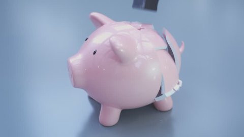 An empty piggy bank destruction. Hammer smashes the porcelain deposit. No savings inside. Symbolizing bankruptcy and the last possible way to get any money. Economical crash. Poverty. Problems.
