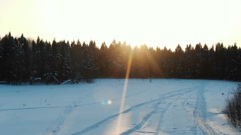 flight over the winter forest at sunset, filming with drone