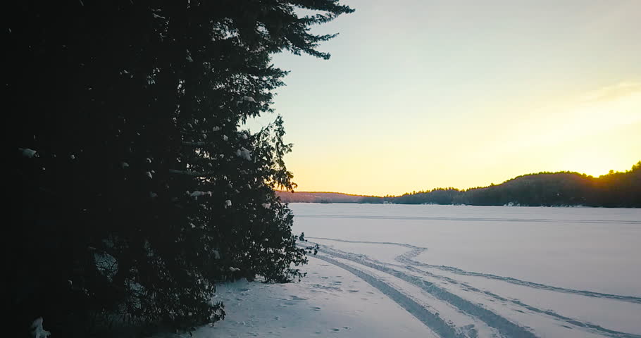 Sun over trees on frozen lake