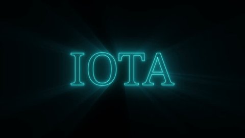 Animation of blue glowing plexus network transforming to neon text - IOTA . Cryptocurrency blockchain concept