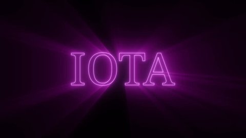 Animation of violet glowing plexus network transforming to neon text - IOTA . Cryptocurrency blockchain concept