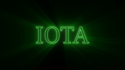 Animation of green glowing plexus network transforming to neon text - IOTA . Cryptocurrency blockchain concept