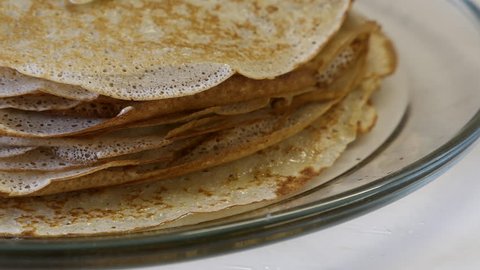 A Stack Of Hot Pancakes On Table. Slider Shot