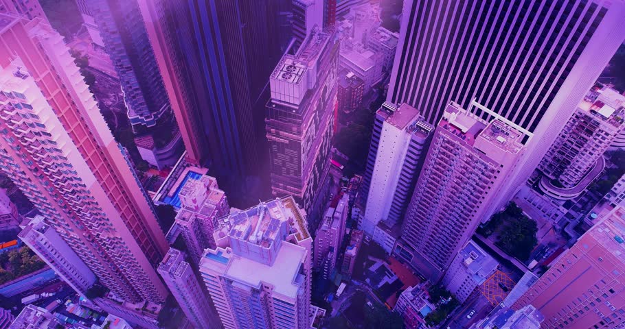 Aerial view of skyscrapers at the Kuala Lumpur city in the 80s style video, neon colors. Wide shot 4k shot Royalty-Free Stock Footage #1025501714