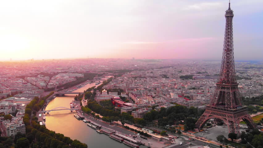 Aerial view to Eiffel tower and Seine´river at sunrise, Paris, France | Shutterstock HD Video #1025505164