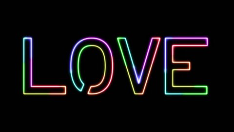 Love - seven glowing colors neon text, moving lights, on transparent background. Rainbow colors neon. 4k video. Alpha channel