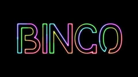Bingo - seven glowing colors neon text, moving lights, on transparent background. Rainbow colors neon. 4k video. Alpha channel