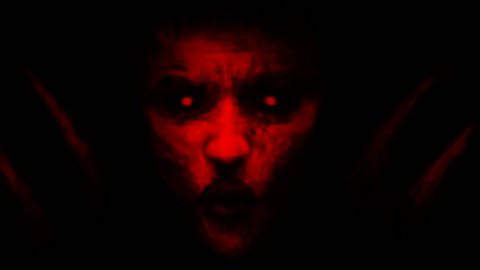 Devilish woman vampire appears from dark and kisses. Animation in horror fantasy genre. Scary witch face on spooky Halloween. 2D motion graphics. Frightening moving pictures. 4K animated video clip.  