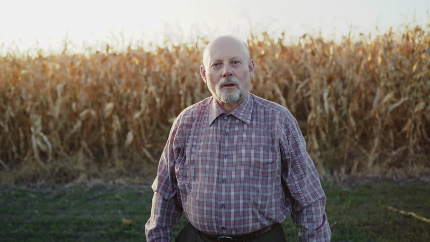 Happy senior farmer rejoices and looks at camera with crossed hands in field. 4K