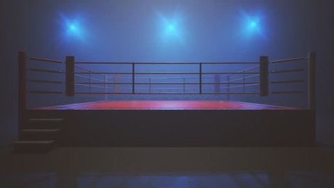 Animation with metal vintage microphone above the boxing ring. A professional audio communication instrument is slowly pulling down on the empty stage. Camera bright flashlights are flashing.

