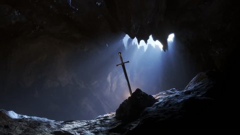 Excalibur the famous, legendary, steel sword of King Arthur. Sword in the stone with light rays and dust specs in the dark cave. Dark, mysterious atmospheric animation. 4k
