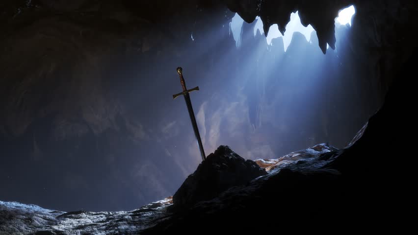 Excalibur the famous, legendary, steel sword of King Arthur. Sword in the stone with light rays and dust specs in the dark cave. Dark, mysterious atmospheric animation. 4k
