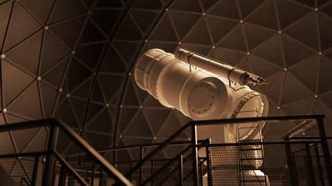 Modern white telescope inside a sci-fi, geosphere observatory dome, tracking stars while the door opens. Beautiful night sky nebula visible through the opening. Camera follows the equipment movement.
