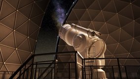 Modern, white telescope rotating inside the observatory dome and tracking beautiful star constellation. Night sky visible through a dome door. Modern astronomy equipment gathering crucial information. - Powered by Shutterstock - Get 15% off with code: PIKWIZARD15