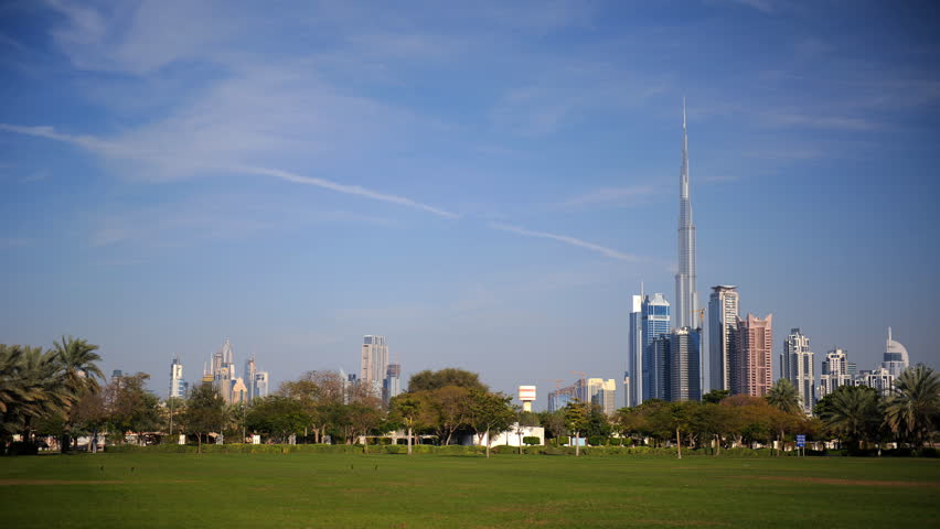 Time Lapse of Dubai City Skyline Famous Burj Khalifa Tower and Safa Park Day UAE