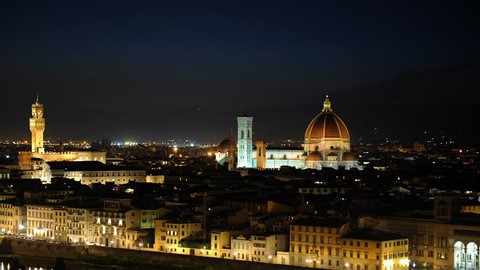 Time Lapse Aerial View Florence City Skyline with Duomo Cathedral Landmark Night