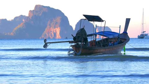 Long tail boats on Ao Nang beach in Krabi Thailand