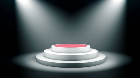 Empty round podium, pedestal or platform with red carpet illuminated by volume spotlights. Set of bright searchlights on black background. Digital 3d animation. 