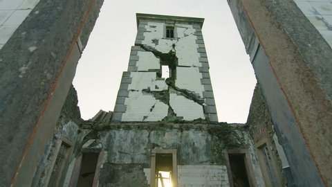 Farol da Ribeirinha lighthouse static shot. Earthquake damage