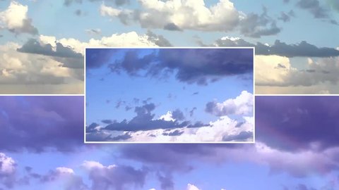 Summer, sunny blue clear skies in beautiful time lapse clouds, real colourful horizon view, nice sun lightness panoramic view, collage footage. #FHD.