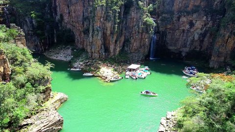 Aerial view of famous Canyons of Capitolio's lagoon. Capitolio, Minas Gerais, Brazil. Beauty landscape. Furnas's dam. Tropical travel. Travel destination. Vacation travel.